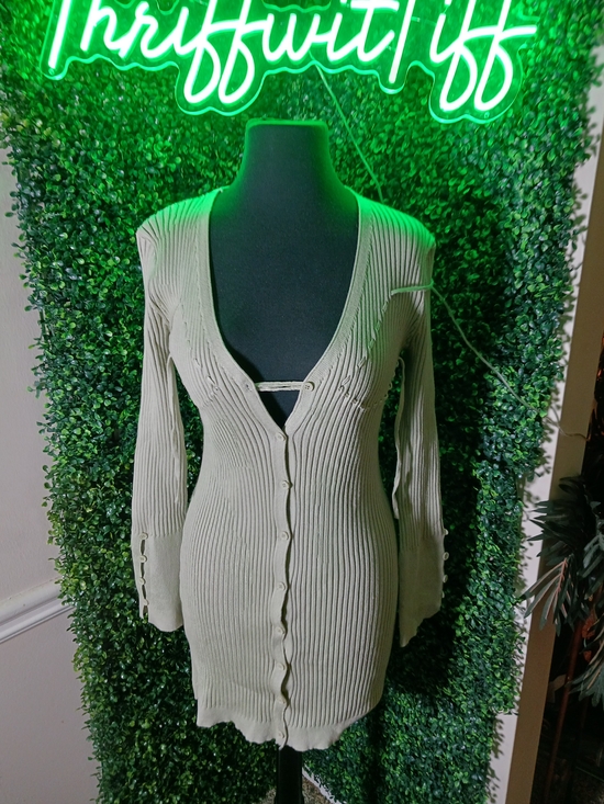 Cider Sweaters - Cider Ribbed Button-Front V-Neck Cardigan Dress - Sage Green
